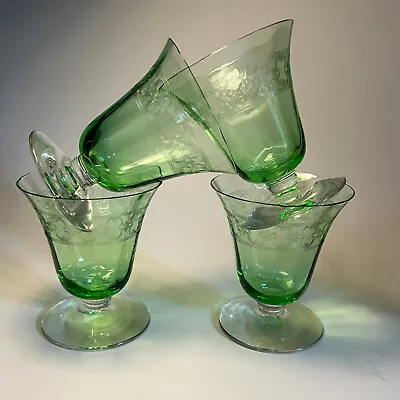 Buy VTG Etched Uranium Glass Crystal Green Sherbet Dessert Fruit Custard Cups Set 4 • 33.12£