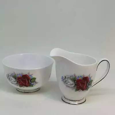 Buy Vintage Queen Anne Fine Bone China CREAMER And SUGAR BOWL Red And White Roses • 7.99£