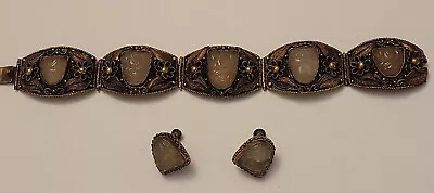 Buy Antique Chinese Gilt Silver Bracelet And Earrings Rose Quartz Set • 284.62£