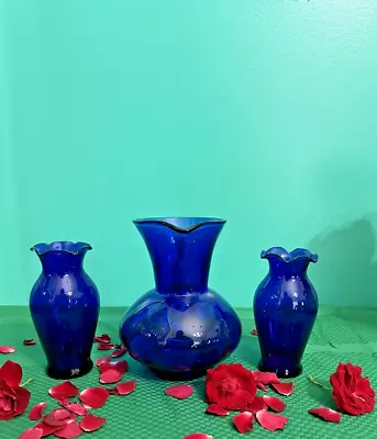 Buy Vintage Cobalt Blue Depression Glass Flower Vases (2) And Pitcher Set • 19.21£
