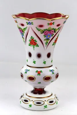 Buy Czech Bohemian Hand Enameled Floral White Cased Cut To Cranberry Vase • 118£