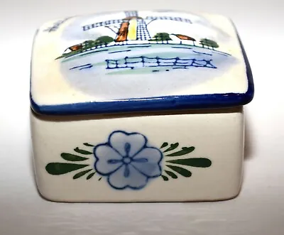 Buy Vintage Delft Signed TS Windmill Blue White Porcelain Trinket Box Holland • 28.44£