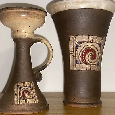 Buy Jack O'Patsy Pottery Irish Youghal Brown Glaze Celtic Swirl Vase & Candle Holder • 45£
