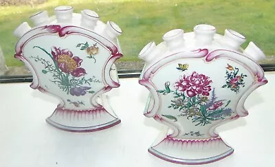 Buy Gien Pottery France Victorian Pair 5 Port Tulip Vases Stand 20cm Pink Castle • 20£