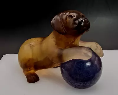 Buy DAUM PATE DE VERRE France Studio Glass Dog With A Ball Figurine / Sculpture • 195£
