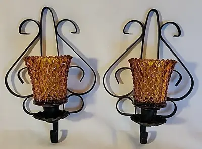 Buy Pair Vintage Rustic Candle Sconces W/Amber Glass Candle Holders • 47.30£