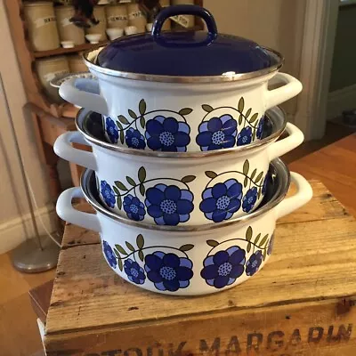 Buy Vintage Set 3 Enamel Casseroles / Cooking Pots – Blue Flowers – Taunton Vale – • 49.99£