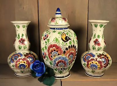 Buy Antique Delft Hand Painted Polychrome Earthenware Covered Pot Vase Setting • 60.77£