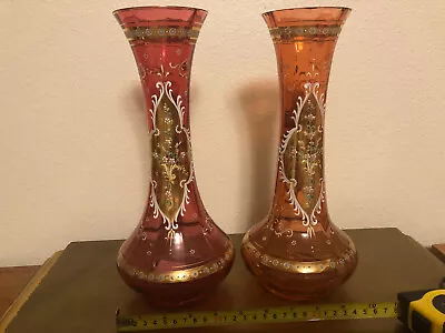 Buy Austrian Cranberry Glass Vases (pair) - Gold & White Floral Enamel 1890-1910 • 189.75£