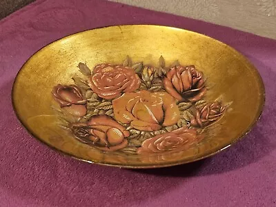 Buy Lovely Shallow Glass Fruit Bowl With Gold Base & Rose Pattern - 23 Cm • 4.99£