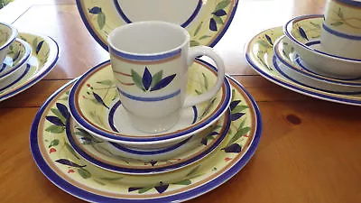 Buy Bali Porcelain Dinnerware Set Yellow Band Blue Green Leaves Service 4 15 Pc Set • 79.45£
