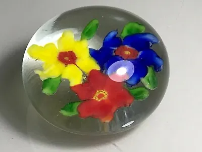 Buy Vintage Yellow, Red & Blue Flowers Art Glass Pebble Shape Paperweight • 9.99£