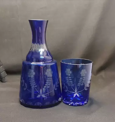 Buy Cobalt Blue Cut To Clear Glass Tumble Up/Carafe & Tumbler With Floral Design • 43.74£