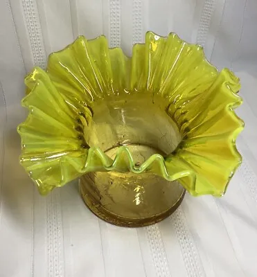 Buy Blenko Yellow Crackle Glass Ruffled Crimped Pontil Hat Vase • 138.10£
