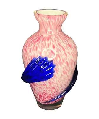 Buy Splattered Pink Art Glass 5  Bud Vase Applied Cobalt Blue Swirl Cased In White • 28.44£