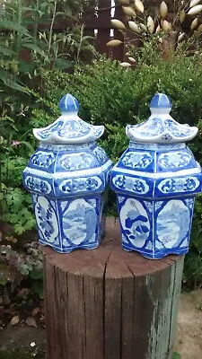 Buy Pair Of Blue & White Chinese Pagoda / Ginger Jars Stamped  • 130£