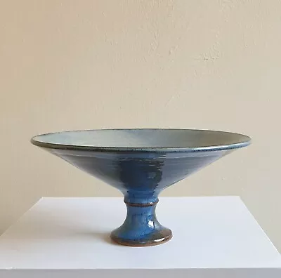 Buy Hand-Thrown Blue Sky Glaze Ribbed Studio Art Pottery Pedestal Bowl - Mint • 50£