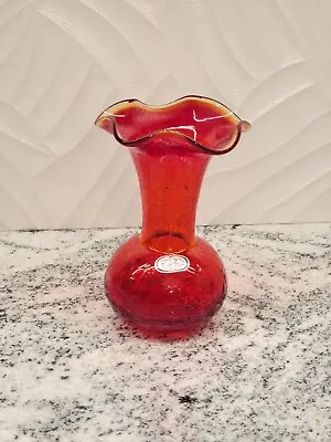 Buy Rainbow Art Crackle 5  Vase Ruffle MCM Glass Mid Century Vintage Amberina • 17.02£