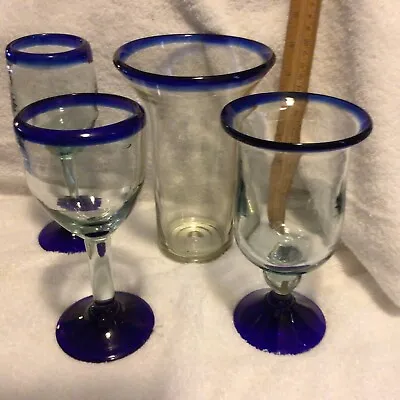 Buy Mexican Hand Blown Glassware Cobalt Blue Rims/Bases 4 Sizes And Shapes • 33.72£
