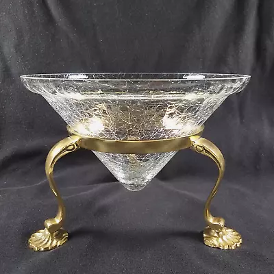Buy Potpourri Bowl Crackle Glass With Three-Footed Brass Stand Vintage • 23.63£