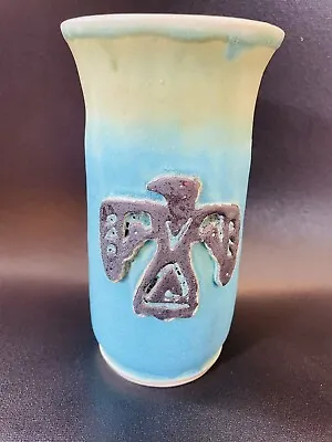 Buy Blue Green Art Pottery Vase Native American Stylized Eagle Matte Glaze Signed • 43.37£