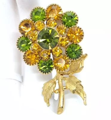 Buy 3D Unsigned Beauty Sparkling Golden Topaz & Peridot Flower Brooch Goldtone Base. • 24.93£