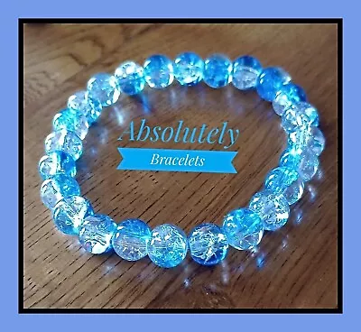Buy Elasticated Two Tone Blue White Mix Crackle Glass Round Bead Bracelet – NEW • 3.29£