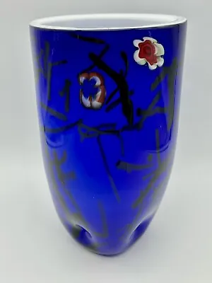 Buy Hand Blown Art Glass Vase Cobalt Blue Floral  9.5” White Interior • 71.08£