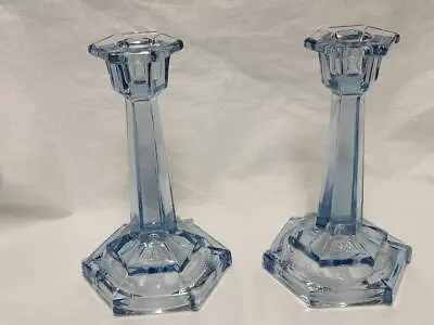 Buy A Pair Of Art Deco Ice Blue Pressed Glass Candlesticks Dressing Table • 14.98£