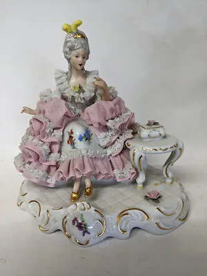 Buy Antique Porcelain Dresden Lace Figurine Lady Seated At A Table 7  • 129.99£
