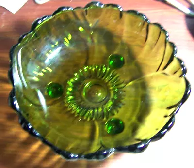 Buy Vintage Glass Heavy Olive Green Glass Bowl Flower Design 3-Footed 11  • 19.20£