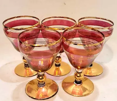 Buy 5 Vintage Cranberry And Gold Footed Shot Tot Liqueur Glasses • 16.95£