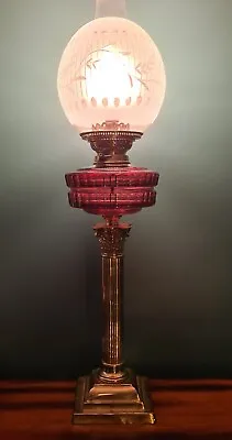 Buy Original Victorian Electric Oil Lamp Cut Glass Shade Cranberry Font Brass Base • 595£
