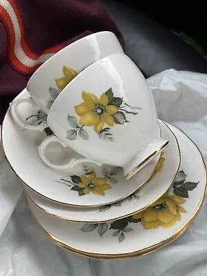 Buy 2 X Vintage QUEEN ANNE Fine Bone China Yellow Flower Tea Trios Ridgway Pottery   • 8.49£