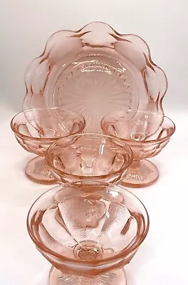 Buy Vintage Pink Depression Glass Dessert Set Serving Bowl And 4 Stemmed Dishes • 18£