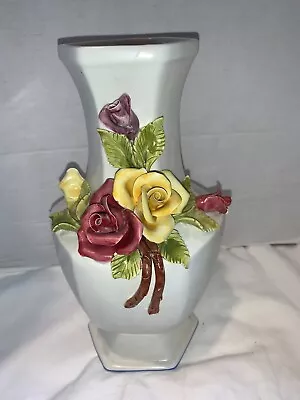 Buy Italian Bassano Pottery Vase 3D Raised Flowers White Cream Multicolored Italy • 18.24£