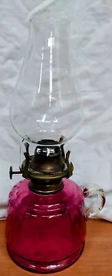 Buy Victorian Cranberry Cut Glass Finger Oil Lamp And Chimney • 17£