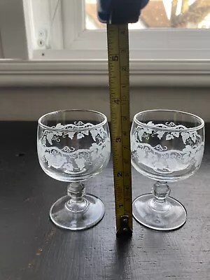 Buy Set Of 2 Antique Grape & Vine Etched Glass Hexagon Knopped Brandy Cognac Glasses • 20£