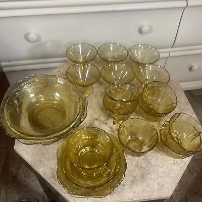 Buy Vintage Depression Yellow Glassware Set 8 Cups, 6 Dessert & Saucers, 2 Bowls ￼ • 64.87£