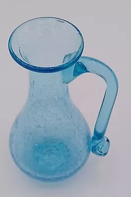 Buy Vintage Hand Blown Art Glass Light Blue Crackle Glass Bud Vase Pitcher W/ Handle • 26.56£