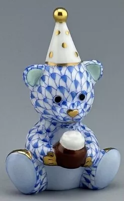 Buy 🦋 MINT HEREND Small Birthday Bear W/ Cupcake Blue Fishnet Figurine $360 Retail • 256.63£