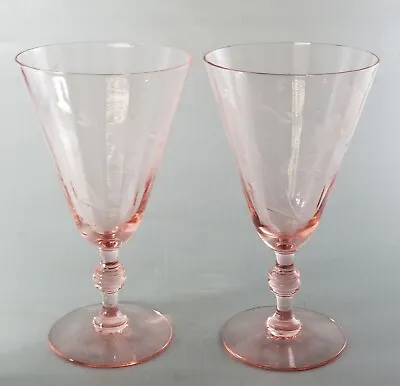 Buy 2 HC FRY Glass Pink GOBLETS Vertical Optic With Gray Cut Flowers 40s Era  NICE! • 38.57£