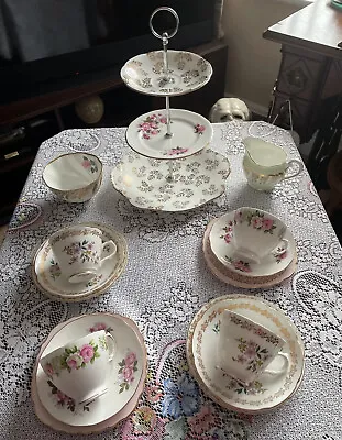 Buy Pretty Vintage Bone China Mismatched Tea Set & 3 Tier Cake Stand Floral & Gold • 25£
