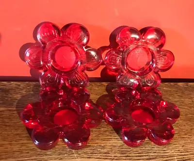 Buy Set Of 4 Heavy Glass Red Daisy Shaped Tealight Candle Holders • 14.99£