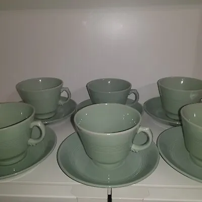 Buy 6 Vintage Woods Ware Beryl Green Utility Ware Cups & Saucers • 24£