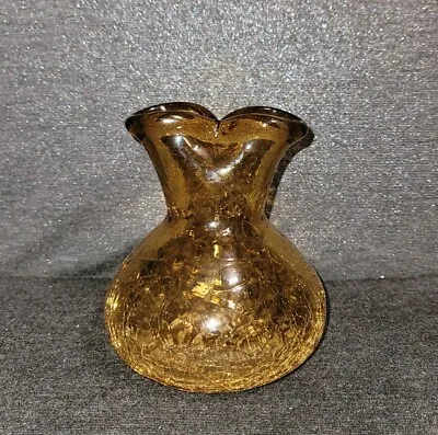 Buy Vintage MCM Heavy Amber Crackle Glass  Pinch  Bud Vase - Blenko, C. 1970s • 40.34£