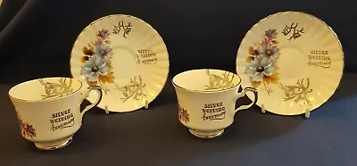 Buy 2 Royal Stafford Bone China Silver Wedding Tea Cups & Saucers • 5£