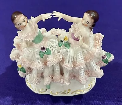 Buy VTG Dresden Lace Figurine Made In Germany 2 Lady Ballerina’s White/Pink Dress • 56.88£