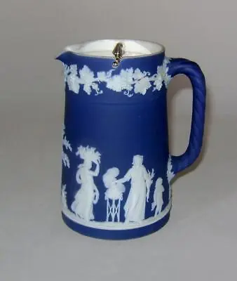 Buy Antique Wedgwood Jasperware Jug : Early Blue Dipped With Silver Plated Lid • 25£