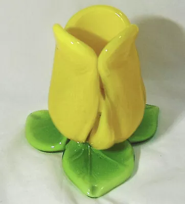 Buy Yellow And Green Art Glass Tulip And Leaf Design Candlestick • 14.99£